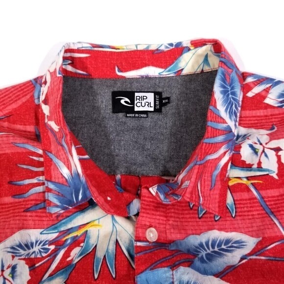 Ripcurl Red Hawaiian Print Short Sleeve Button Down Slim Fit Shirt Mens XXL 2X - Picture 5 of 6